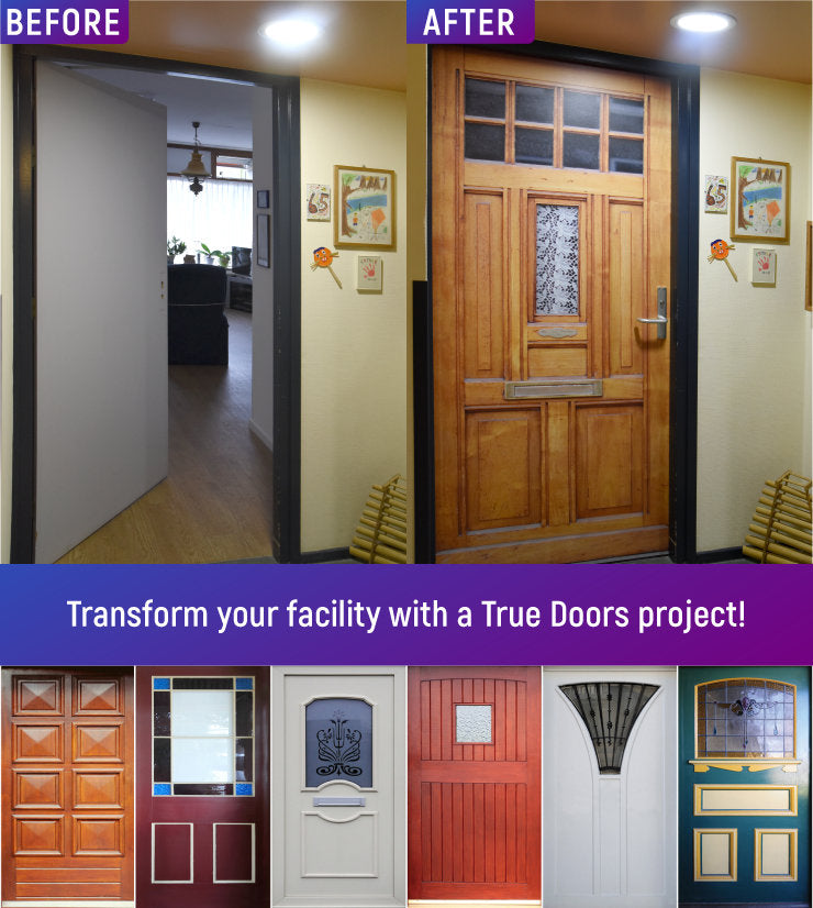 Before and after the installation of a True Doors decal. Transform your facility with a True Doors project!