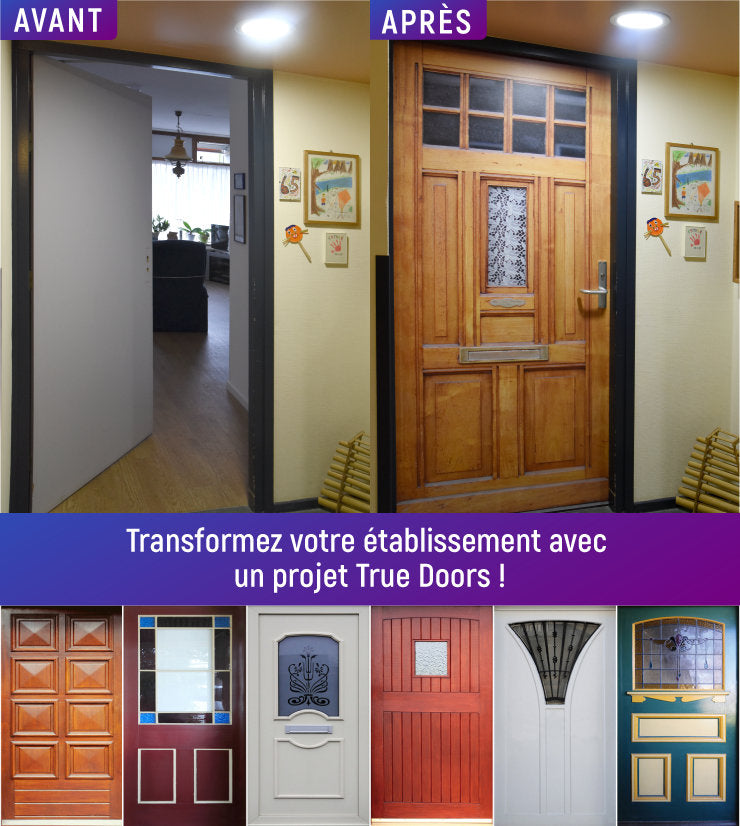 Avant et après l'application d'un décalque de porte True Doors. Transformez votre établissement avec un projet True Doors !.